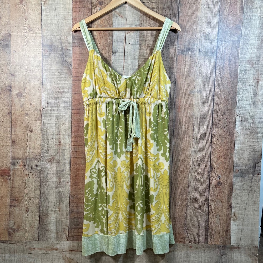 Weston Wear Y2K Boho Damask Empire Waist Dress Green Yellow USA Large